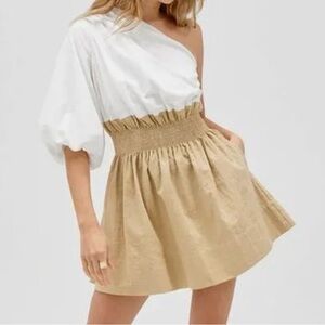 Elegant One Shoulder White and Tan Dress